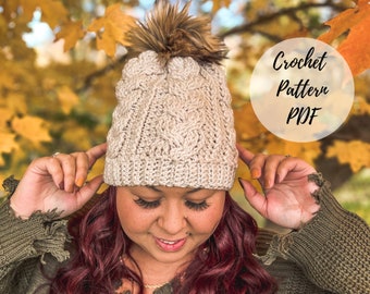 Chunky Cabled Crochet Hat Pattern , Crochet Hat, Crochet Beanie, Crochet Cables, Crochet Hat Pattern, Crochet Beanie Pattern, Pom Beanie