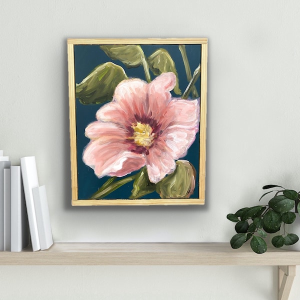 Painting of a Hibiscus, 18”x20” including frame,  Original Impressionism, pink hibiscus with blue background, framed hibiscus painting