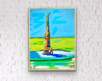 Paddleboard Yoga: Original Acrylic Painting, Neon Impressionism (19x25” Framed)