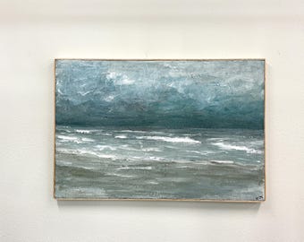Abstract Seascape Painting: Teal, Gray, and Turquoise Palette, Upcycled Pine Frame