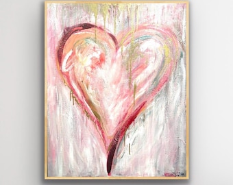 Pink and Gold Heart Painting, Abstract Acrylic Canvas Art, 24x30