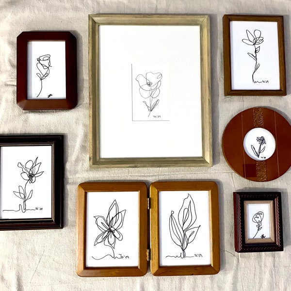 Vintage set of Frames, Eight Vintage and Vintage-like Wood Frames with Original Art, Flower Line Art, Minimalist Line Art Drawings