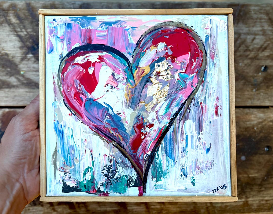 Abstract Heart Painting: Acrylic With Gold Leaf, Handmade Frame