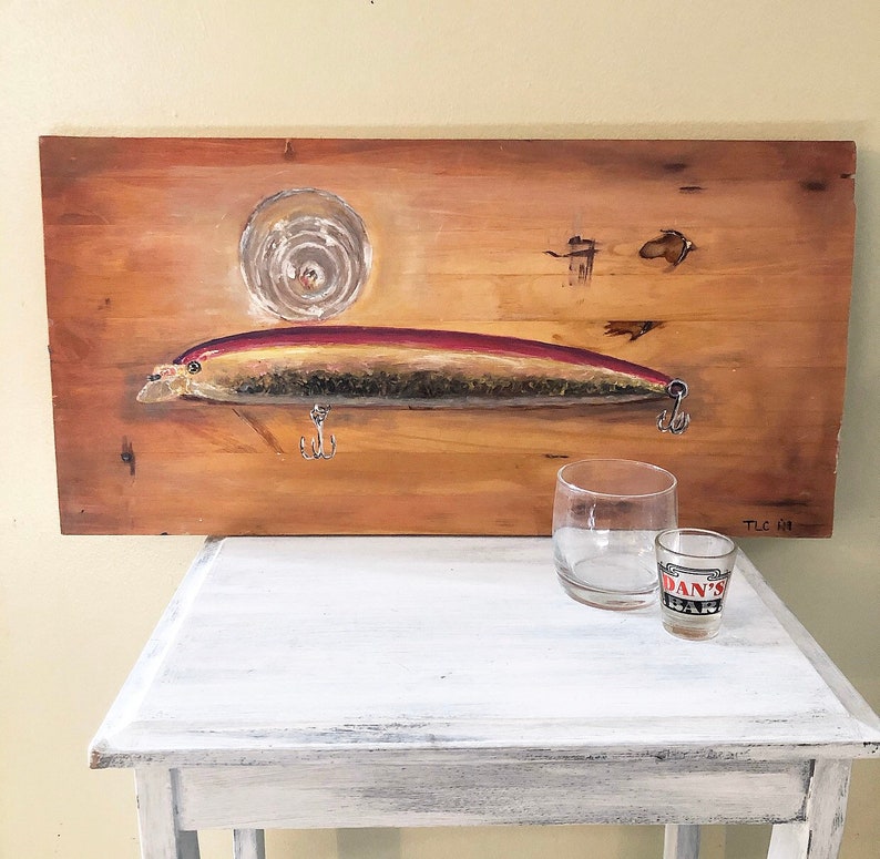 acrylic purple Painting on wood fishing lure and a shot glass on a bar pink original