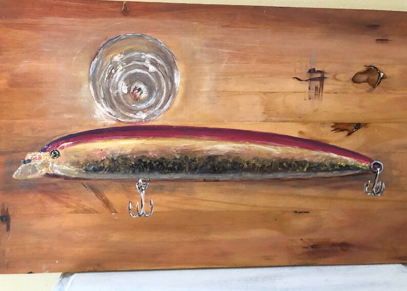 acrylic purple Painting on wood fishing lure and a shot glass on a bar pink original
