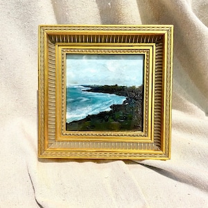 Gold Framed Beach Island Cove Painting, 7.5”x7.5”, Vintage-Like, Acrylic on Paper, Original Paintings, Impressionism, maximalist beach art