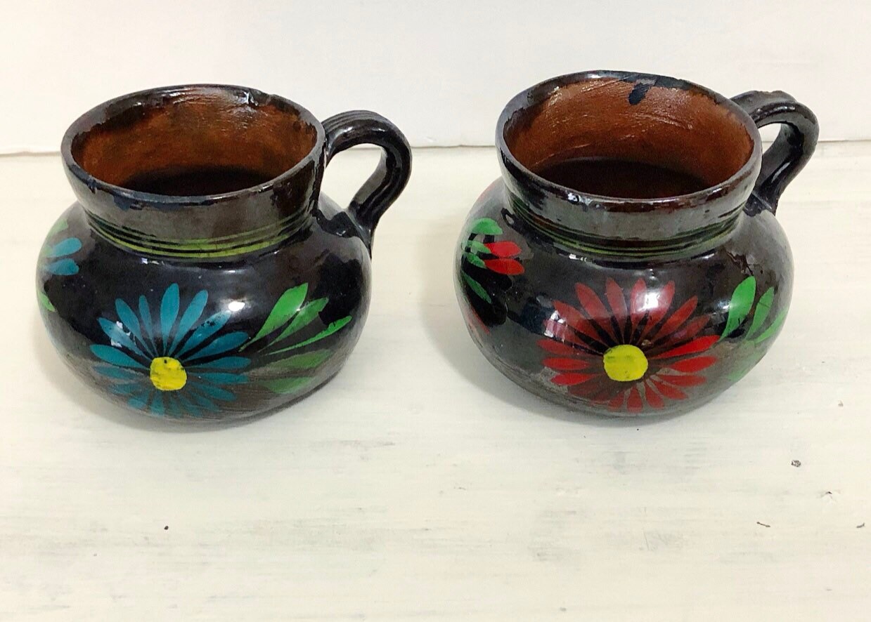 Handmade Mexican pottery jars set of 2two with flower Etsy