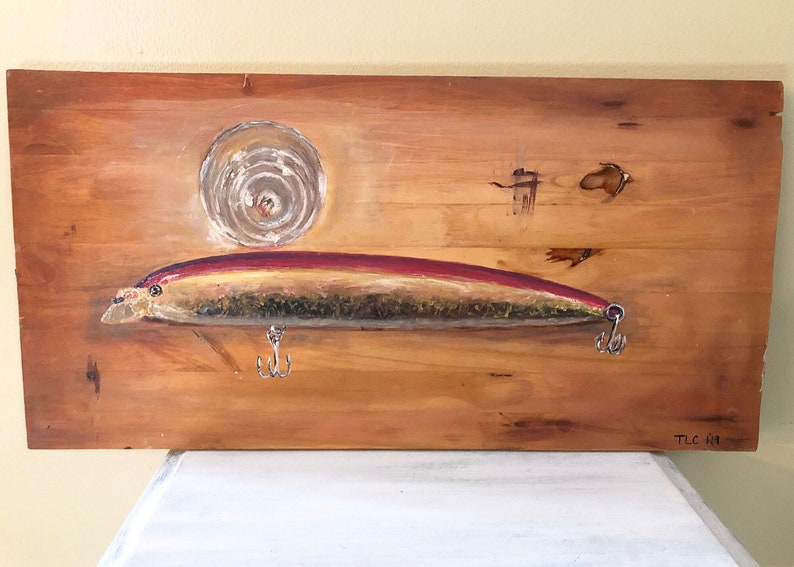 acrylic purple Painting on wood fishing lure and a shot glass on a bar pink original