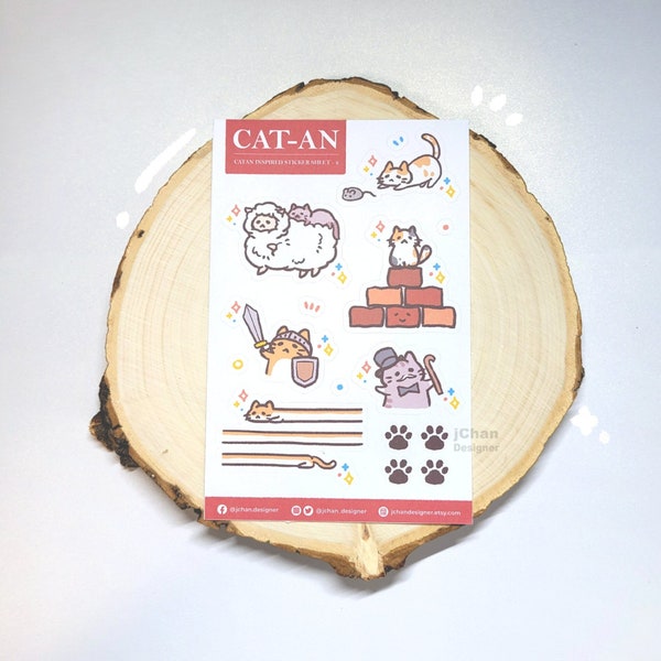 Cute Cat Catan Matte Sticker Sheet Style 2, Settlers of Catan Inspired Board Game Kawaii Kittens Drawing, Free Shipping CA