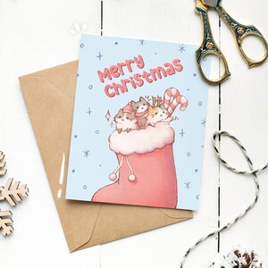 Carte de Noël chat mignon Illustration kawaii Bas de Noël Carte de voeux Cartes Kitty pour vacances d'hiver Lot de 8 cadeau pour amoureux des chats