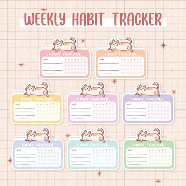 Weekly Habit Tracker Sticker, Cat Stationery Sticker, Kawaii Planner Sticker, Cute Notebook Sticker, Journal Label, Cat Lover Gift for Woman