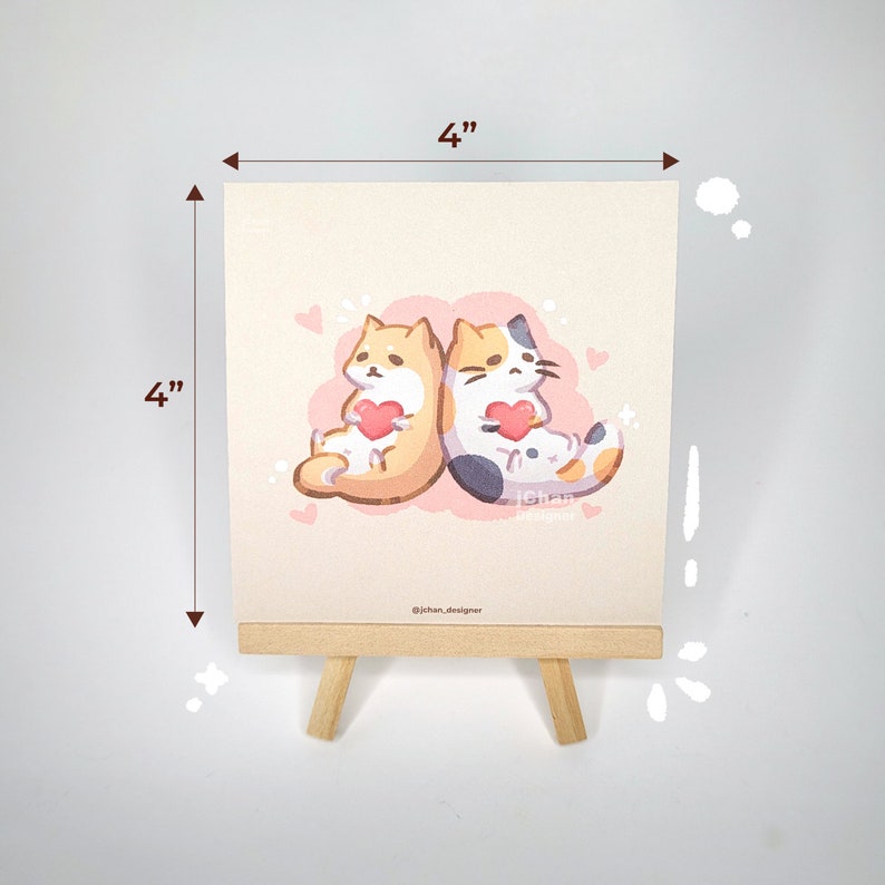 Cute Calico Cat, Shiba Inu Dog Valentines Day Art Print, Kawaii Kitten, Puppy Holding Heart Square Wall Decor, Pet Lover Gift 4x4 6x6 image 2