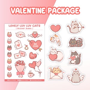 Belle feuille d'autocollants chat Luv Luv, étiquette chaton mignon, carnet de notes de journal d'art kawaii, autocollant coeur pastel, cadeau paquet Saint-Valentin pour amoureux des chats