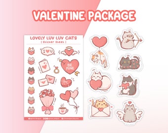 Lovely Luv Luv Cat Sticker Sheet, Cute Kitty Label, Kawaii Art Journal Notebook, Pastel Heart Sticker, Valentine Package Gift for Cat Lover