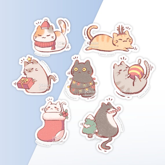 Christmas Cat Sticker Set, Kawaii Holiday Laminated Matte Decals