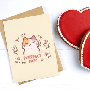 Parfaite carte de maman, carte de voeux fête des mères, jeu de mots drôle, carte de chat calicot kawaii, jolie carte florale, cadeau unique pour les amoureux des chats pour maman