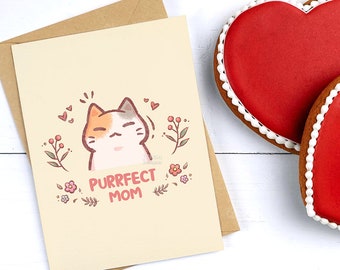 Purrfect Mom Card, Mother's Day Greeting Card, Funny Pun Card, Kawaii Calico Cat Card, Cute Floral Card,  Unique Cat Lovers Gift for Mum