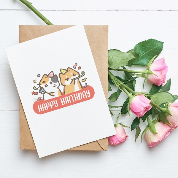 Calico Cat & Shiba Inu Happy Birthday Card, Cat Greeting Card, Birthday Gift For Best Friend, Cat Lover Gift Woman, Birthday Card for Her