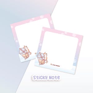 May include: Two pink and blue gradient sticky notes with a white background and a cartoon cat holding a boba tea cup. The notes have a white border with a dotted pattern of white circles. The text "Sticky Note" is printed in white on a purple background at the bottom of the image.
