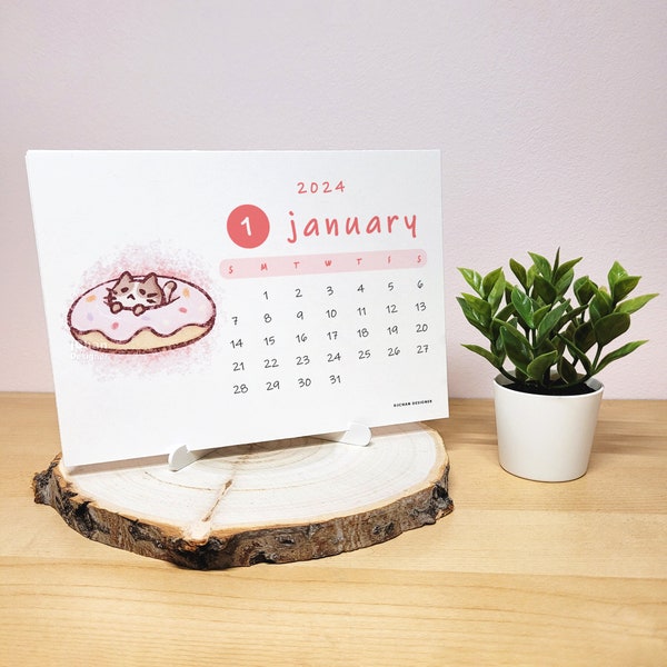 2024 Cat Dessert Monthly Desk Calendar, Cat Bakery, Kawaii Kitten, Cute Animal Art, Office Accessory Supply, Table Decor, Cat Christmas Gift