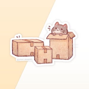Tuxedo Cat Kartonaufkleber, Kitty in Lieferung Box, Kawaii Kätzchen Aufkleber, Geburtstagsgeschenk für Katzenliebhaber, Laminierter Matt Vinyl Aufkleber