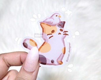 Calico Cat & Pigeon Sticker: Kawaii Animal Art, Matte Vinyl