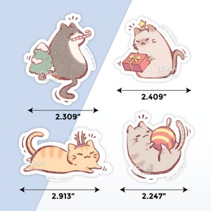 May include: Four Christmas-themed cat stickers with a textured, vintage look. The stickers feature cats wearing Santa hats, holding presents, and ornaments. The stickers are approximately 2.3 inches, 2.4 inches, 2.9 inches, and 2.2 inches in size.