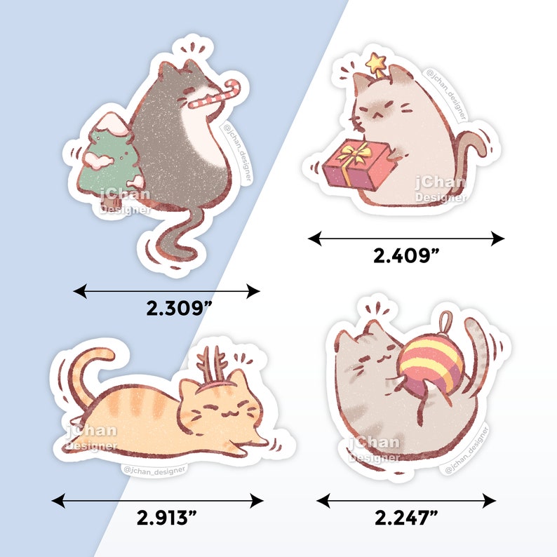 May include: Four Christmas-themed cat stickers with a textured, vintage look. The stickers feature cats wearing Santa hats, holding presents, and ornaments. The stickers are approximately 2.3 inches, 2.4 inches, 2.9 inches, and 2.2 inches in size.