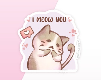 Gray Tabby Cat Sticker: I Meow You Pun, Laminated Vinyl Decal