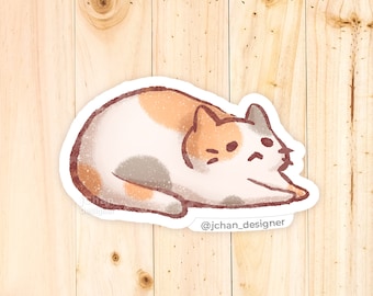 Calico Cat Stretching Matte Sticker, Kawaii Animal Art