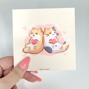 Cute Calico Cat, Shiba Inu Dog Valentines Day Art Print, Kawaii Kitten, Puppy Holding Heart Square Wall Decor, Pet Lover Gift 4x4 6x6 image 3
