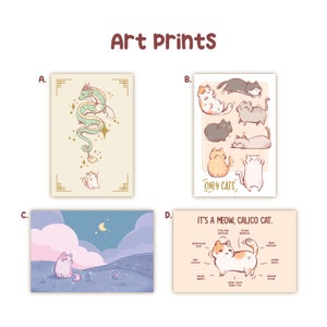Cute Cat Art Prints, Only Cats, Dragon's Festivity, Midnight Bloom, Cat Anatomy, Kawaii Kitten Postcard 4"x6"