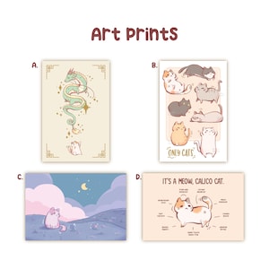 Lindas impressões de arte de gatos, somente gatos, festa do dragão, flor da meia-noite, anatomia do gato, cartão postal de gatinho kawaii 4"x6"