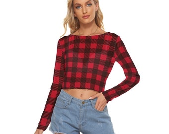 Isabella Saks Branded Women's Plaid Mesh Long Sleeves Crop Top