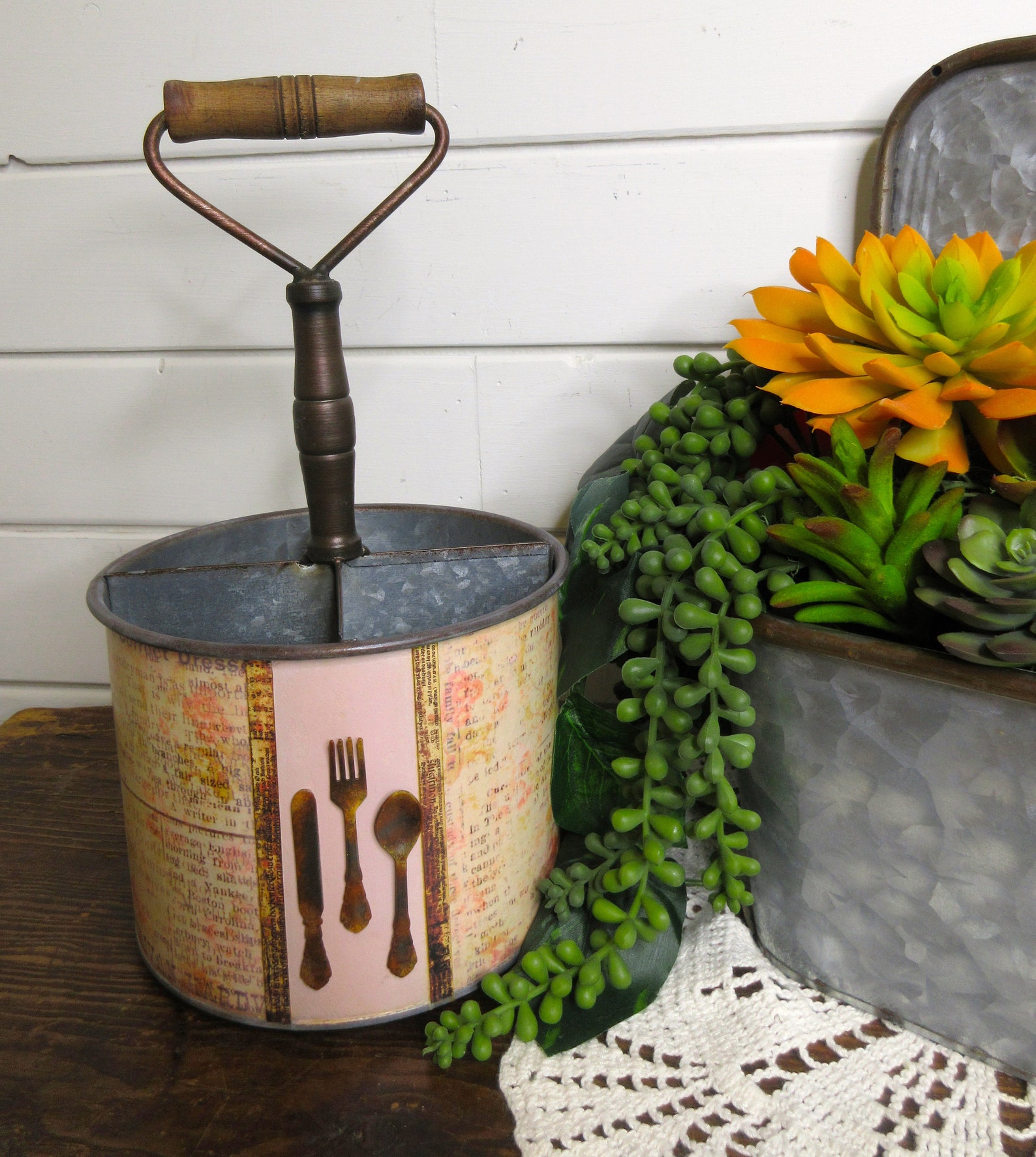 Round Galvanized Metal Divided Container Utensil Caddy Etsy