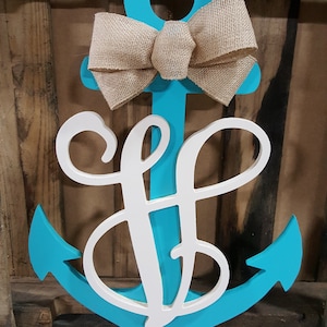 Wooden Monogram Anchor Door Hanger Initial Script Nautical Theme Decor