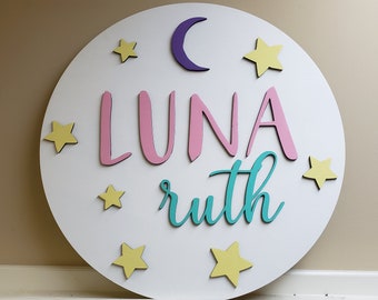 Custom double name stars and moon round large nursery sign wood circle