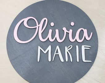 Custom double name round large nursery sign stained circle wood