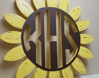 Wooden Sunflower Monogram Door Hanger Painted Wall Decor