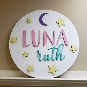 Custom double name stars and moon round large nursery sign wood circle image 2