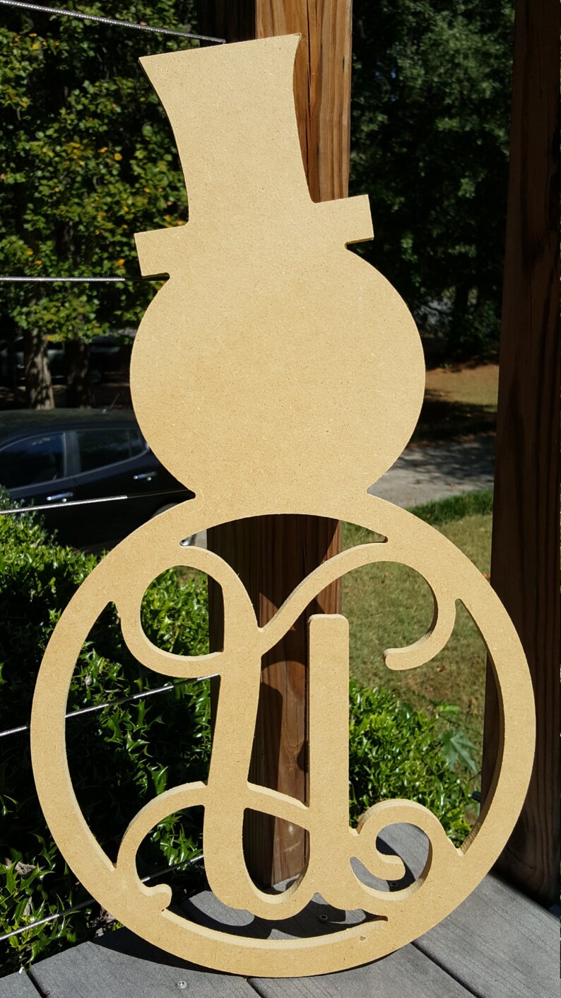 Snowman monogram wooden door hanger with initial wreath