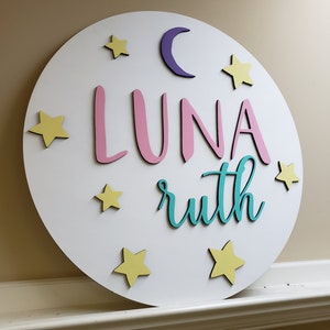 Custom double name stars and moon round large nursery sign wood circle image 3