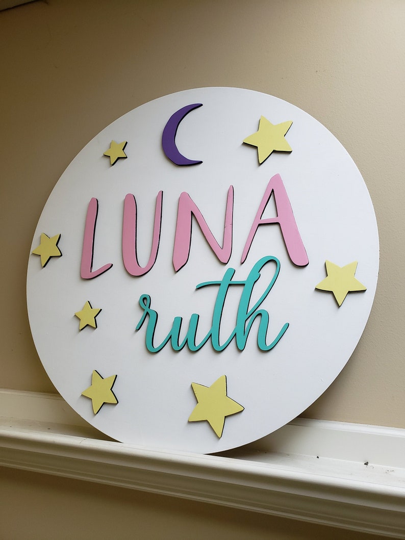 Custom double name stars and moon round large nursery sign wood circle image 1