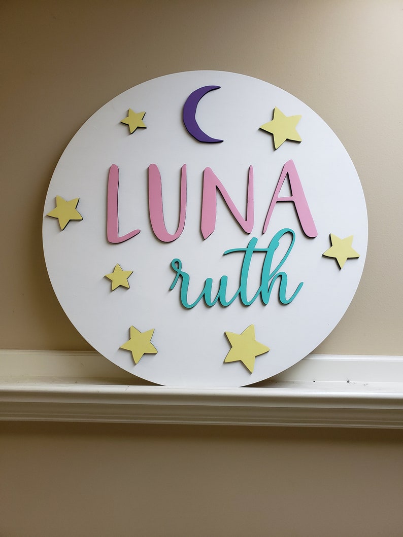 Custom double name stars and moon round large nursery sign wood circle image 2