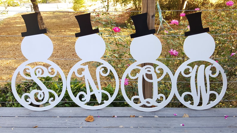 Snowman monogram wooden door hanger with initial wreath