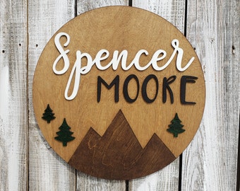 Custom double name round large woodlands nursery sign stained circle mountain trees