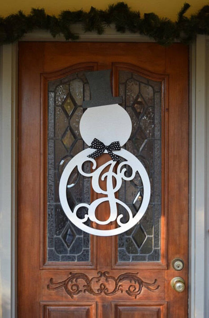 Snowman monogram wooden door hanger with initial wreath