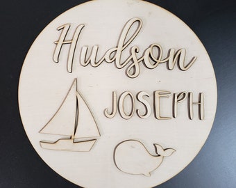 Custom double name round whale sailboat nursery sign stained nautical