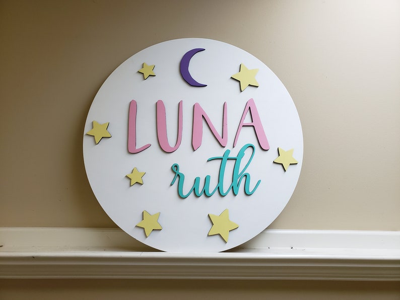 Custom double name stars and moon round large nursery sign wood circle image 5