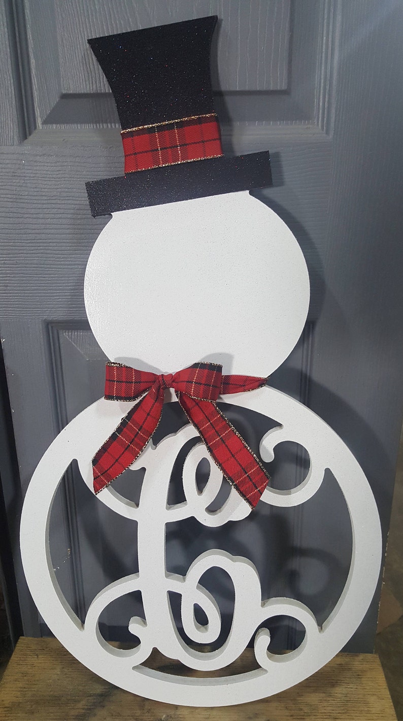 Snowman monogram wooden door hanger with initial wreath